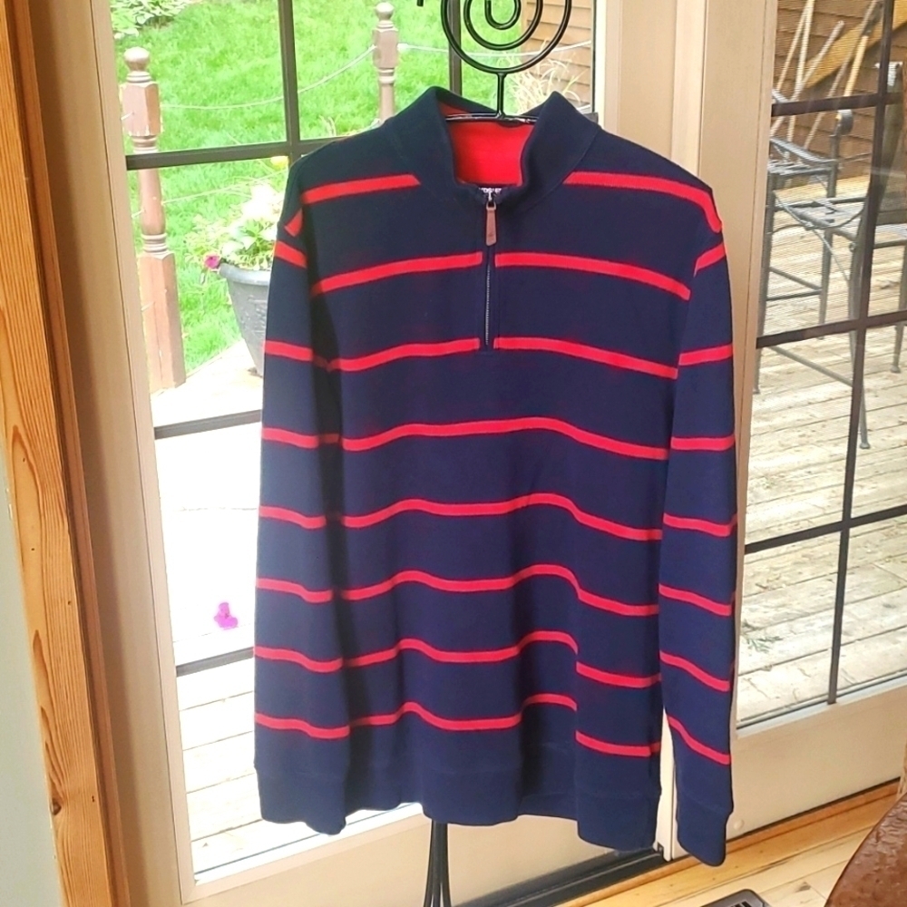 Lands End Mens Large Tall Navy Blue Red Striped 1/4 Zip Cotton Pullover Sweater